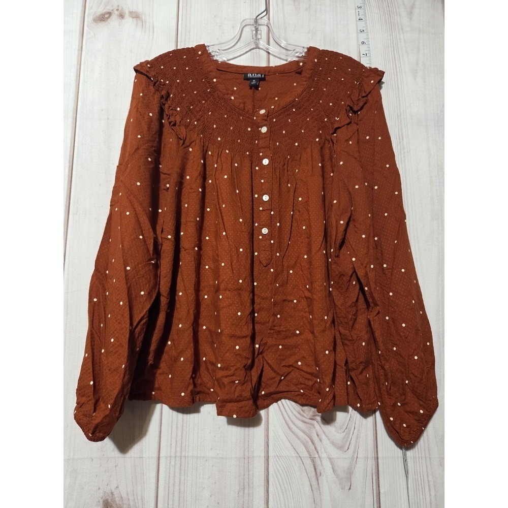 A.N.A Shirt Womens Petite Large Brown White Polka Dot Blouse Smocked Bohoā Rayon